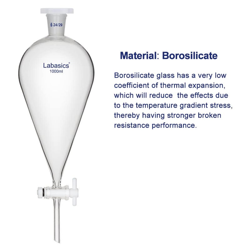 Labasics Conical Separatory Funnel, 1000 ml Heavy Wall Borosilicate Glass Separating Funnel with 24/29 Joints and PTFE Stopcock - Image 4